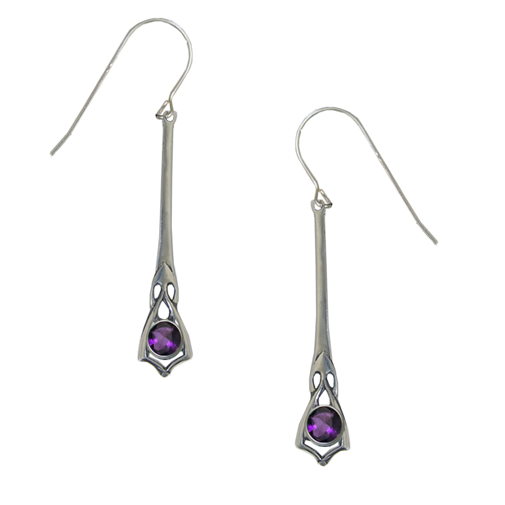 Sterling Silver Art Deco Drop Dangle Earrings With Faceted Amethyst